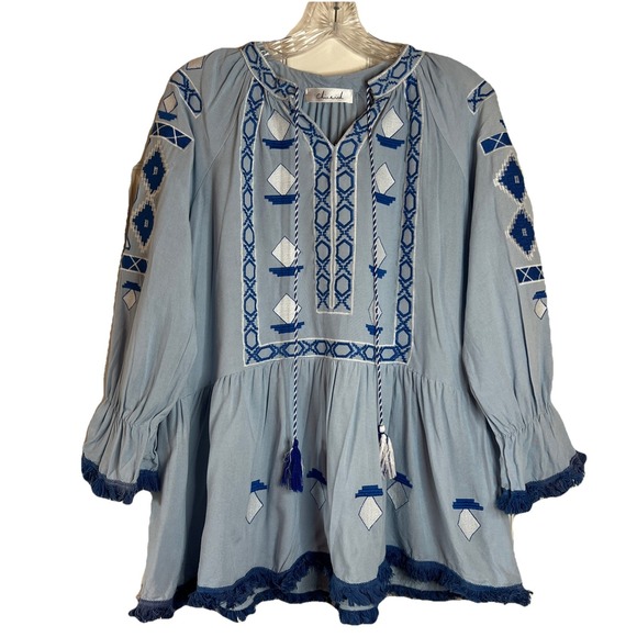 Chicwish Tops - Chicwish Blue Boho Chic Embroidered Blouse Fringe Tassle Sz Medium